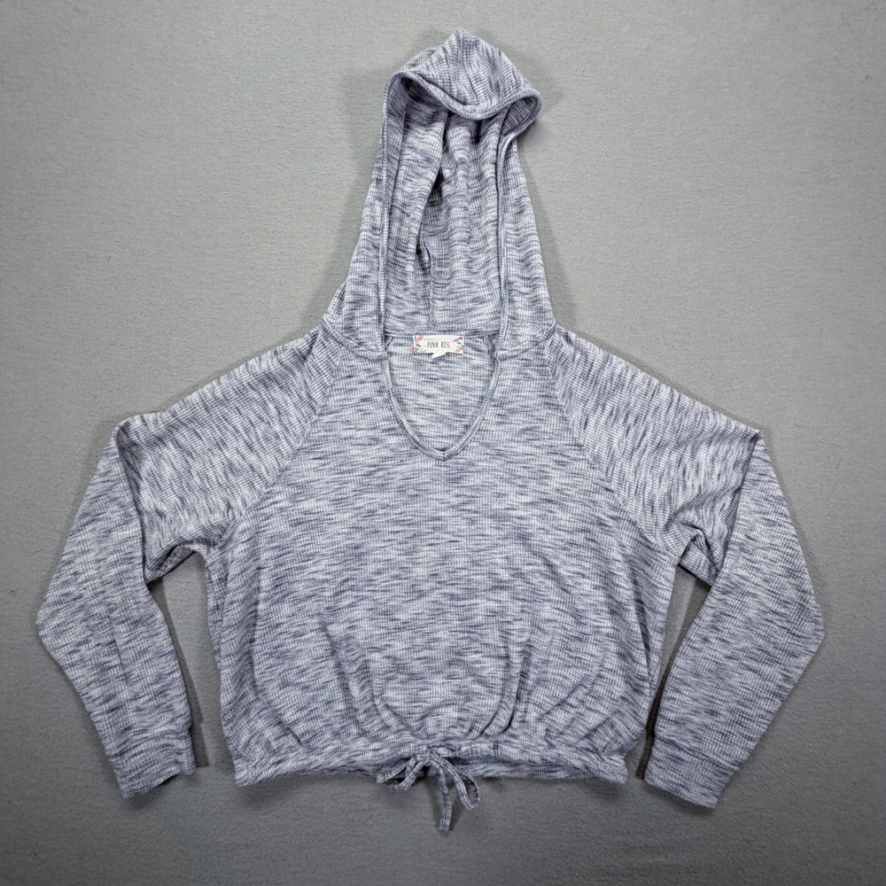 Pink Rose Womens Hoodie Relaxed Grey Space Dye Waffle Knit Drawstring S